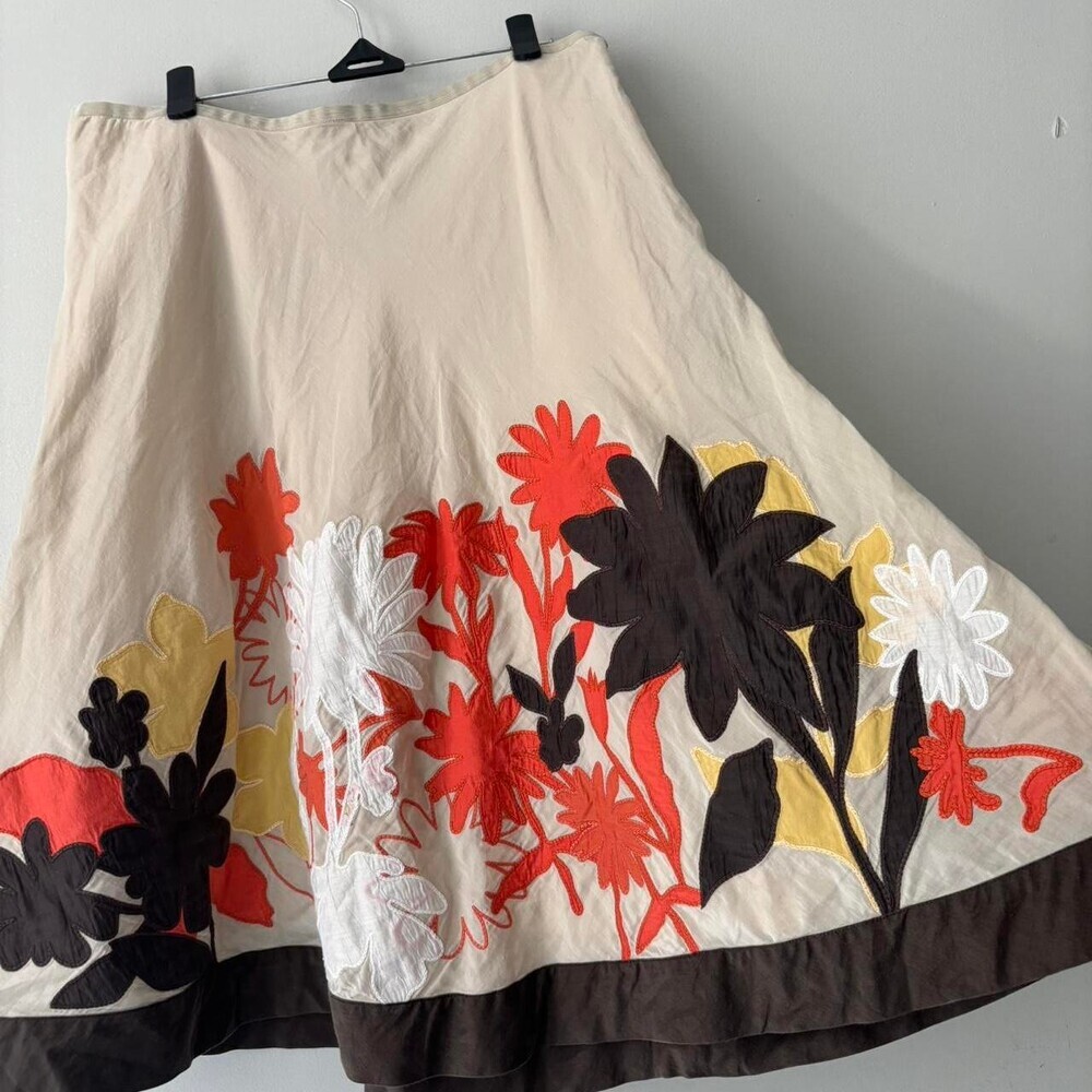 Y2K Cottagecore Tan Brown Floral Silk Fairycore Boho Midi Cotton Skirt Med Large - Picture 2 of 7